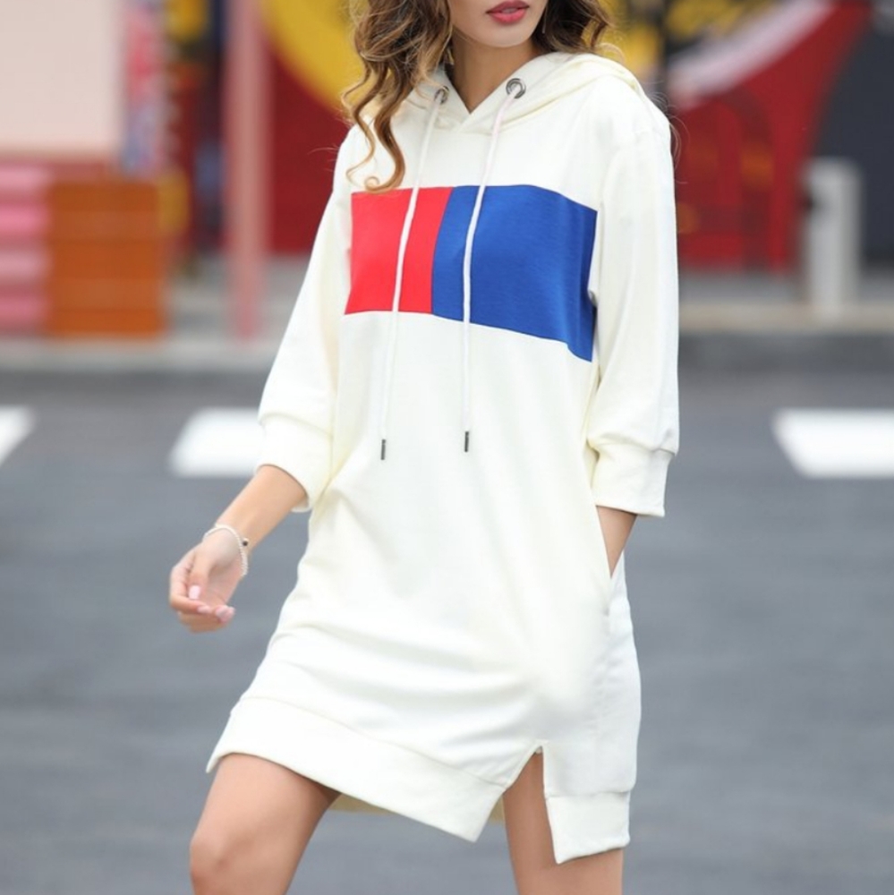 Cream Color Block-Accent Hooded Dress